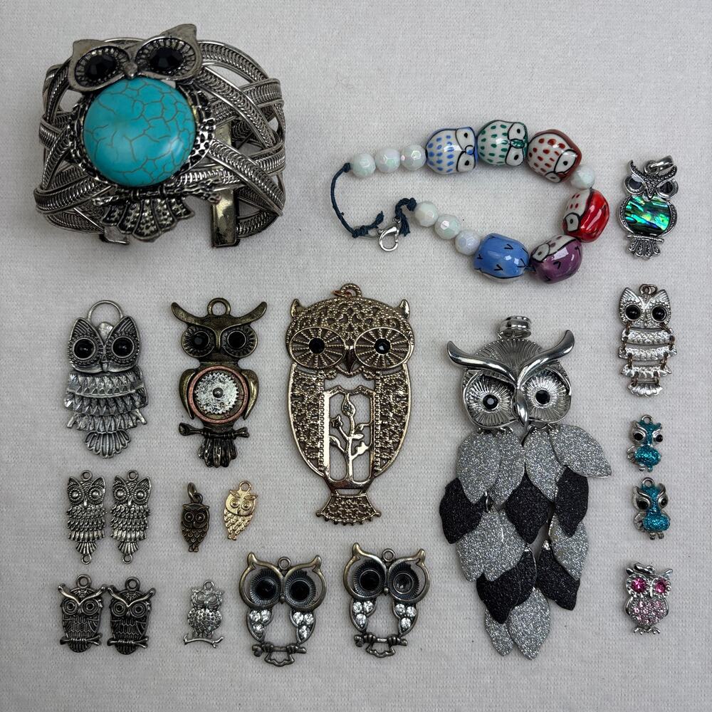Owl Craft Jewelry Lot - Pendants Charms Bracelets